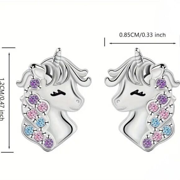 925 Sterling Silver Rhinestone Unicorn Stud‎ Earrings Girls Women - Picture 2 of 6